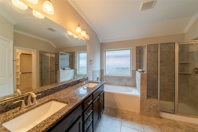 18423 Weeping Spring Dr, Cypress, TX 77429 - full bath with a shower stall, tile patterned flooring, crown molding, a walk in closet, and a garden tub