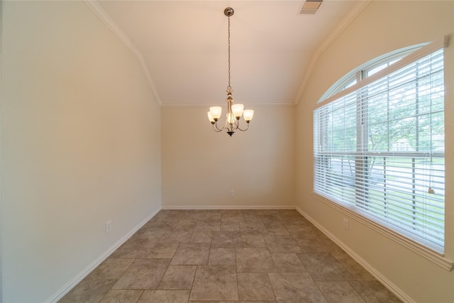 18423 Weeping Spring Dr, Cypress, TX 77429 - unfurnished room featuring a chandelier, lofted ceiling, ornamental molding, and baseboards