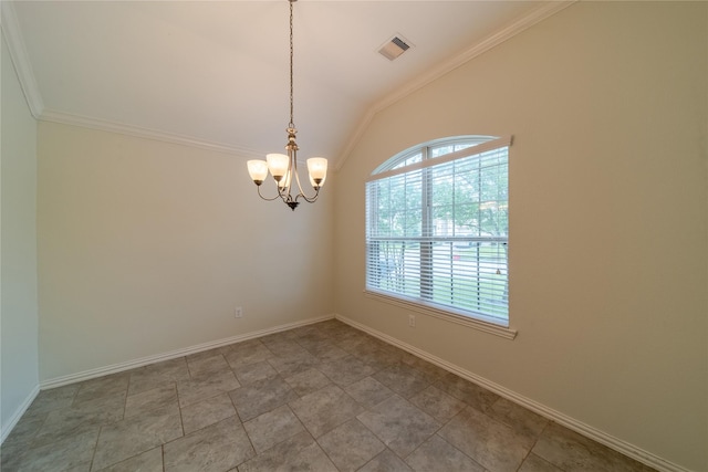 18423 Weeping Spring Dr, Cypress, TX 77429 - spare room with a chandelier, lofted ceiling, ornamental molding, and baseboards