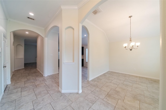 18423 Weeping Spring Dr, Cypress, TX 77429 - spare room featuring crown molding, a chandelier, and baseboards