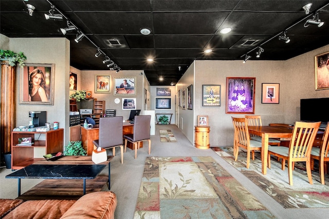804 W Dallas St Unit 5, Conroe, TX 77301 - game room with rail lighting, carpet floors, and a desk