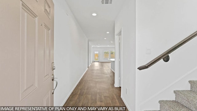 23780 Patchouli Terrace Dr, Splendora, TX 77372 - hall featuring stairs, wood finished floors, recessed lighting, and baseboards