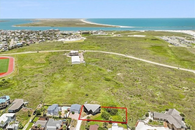 635 Lantana Dr, Port Aransas, TX 78373 - aerial view of property's location featuring property parcel outlined and a large body of water