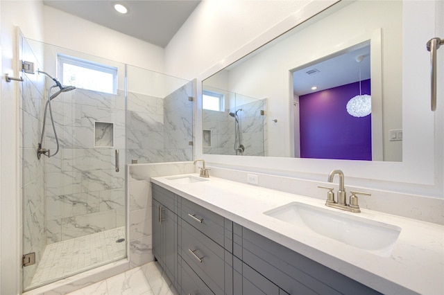 8964 Zurcher Ln, Houston, TX 77080 - full bath featuring marble finish flooring, a marble finish shower, double vanity, and recessed lighting