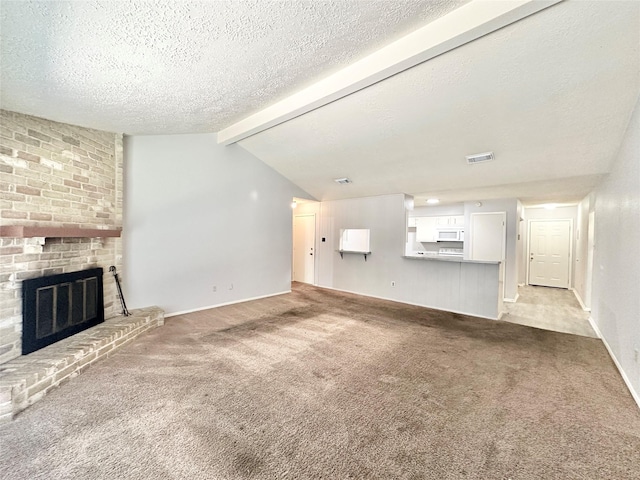 4515 Mossygate Dr, Spring, TX 77373 - unfurnished living room with carpet, a fireplace, a textured ceiling, and baseboards