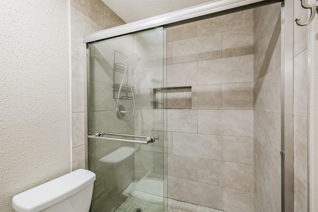 2738 Kettle Run, Sugar Land, TX 77479 - bathroom with toilet, a shower stall, and a textured wall