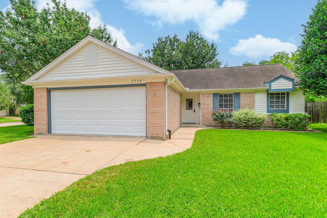 2738 Kettle Run, Sugar Land, TX 77479 - single story home featuring brick siding, driveway, a front lawn, and an attached garage