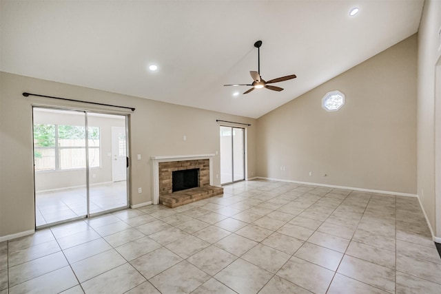 2738 Kettle Run, Sugar Land, TX 77479 - unfurnished living room with ceiling fan, light tile patterned flooring, baseboards, recessed lighting, and high vaulted ceiling