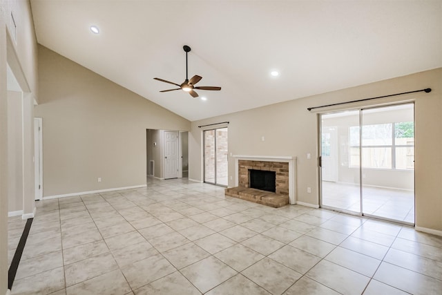 2738 Kettle Run, Sugar Land, TX 77479 - unfurnished living room featuring a ceiling fan, light tile patterned floors, high vaulted ceiling, a fireplace, and baseboards