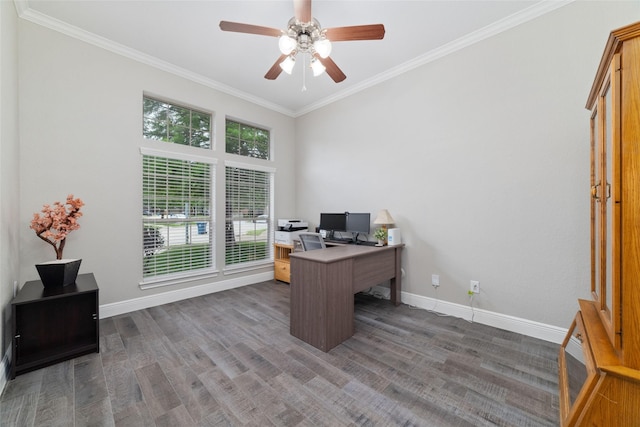 1706 Maddie Springs Ct, Spring, TX 77386 - home office featuring wood finished floors, baseboards, ornamental molding, and ceiling fan