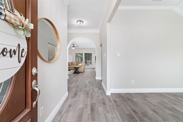 1706 Maddie Springs Ct, Spring, TX 77386 - entrance foyer with light wood-type flooring, arched walkways, ceiling fan, baseboards, and crown molding