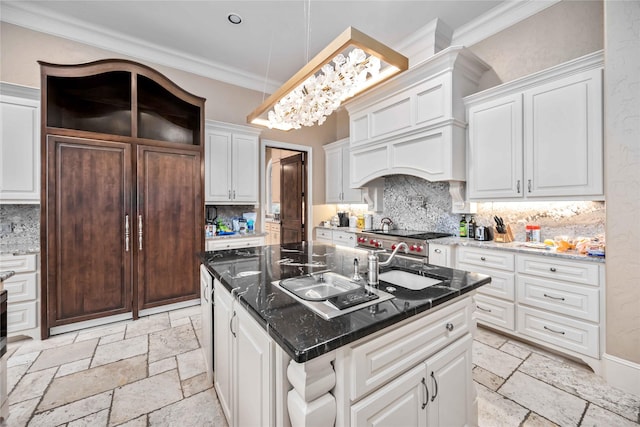 4510 Siandra Creek Ct, Spring, TX 77386 - kitchen featuring stone tile floors, crown molding, tasteful backsplash, white cabinetry, and open shelves