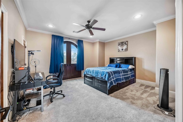 4510 Siandra Creek Ct, Spring, TX 77386 - carpeted bedroom with french doors, crown molding, baseboards, recessed lighting, and ceiling fan