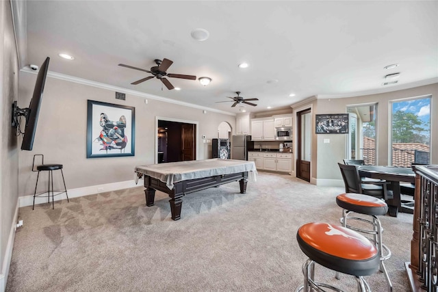 4510 Siandra Creek Ct, Spring, TX 77386 - rec room with baseboards, light colored carpet, crown molding, recessed lighting, and pool table