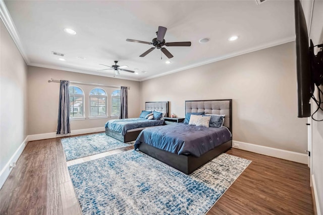 4510 Siandra Creek Ct, Spring, TX 77386 - bedroom featuring wood finished floors, ornamental molding, baseboards, recessed lighting, and ceiling fan