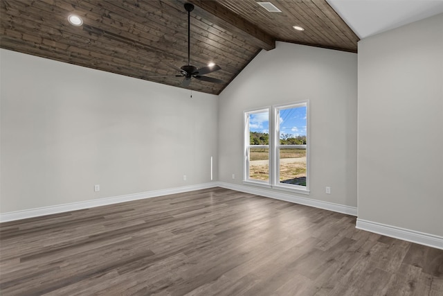 595 Fm 2968, Grapeland, TX 75844 - empty room featuring a ceiling fan, wooden ceiling with exposed beams, baseboards, dark wood-type flooring, and high vaulted ceiling