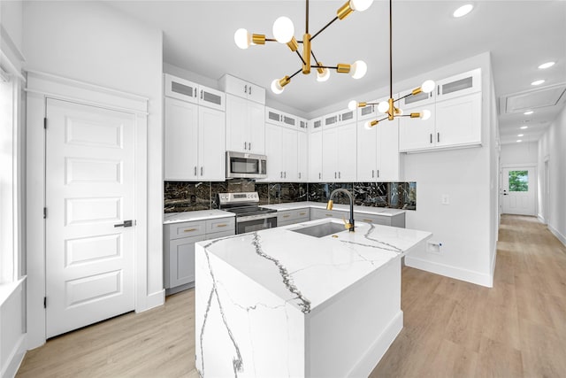 4902 Higgins St B, Unit A, Houston, TX 77033 - kitchen featuring stainless steel appliances, a sink, a chandelier, light wood-style flooring, and decorative backsplash