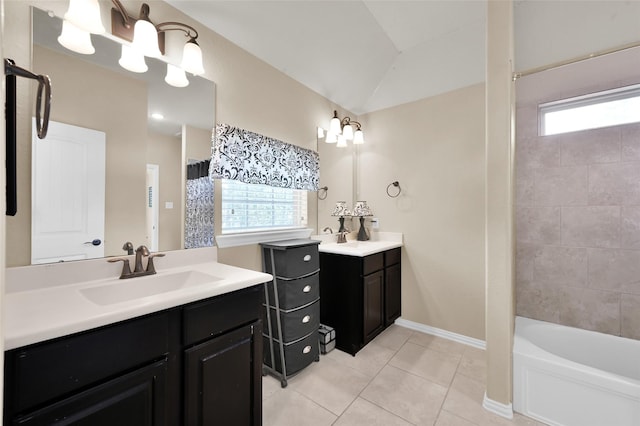 163 Reese Run St, Montgomery, TX 77316 - bathroom with tile patterned floors, two vanities, shower / tub combo with curtain, lofted ceiling, and baseboards