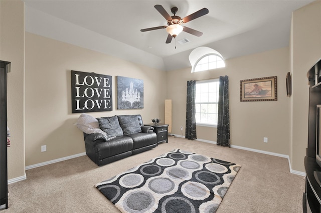 163 Reese Run St, Montgomery, TX 77316 - carpeted living room with ceiling fan, lofted ceiling, and baseboards