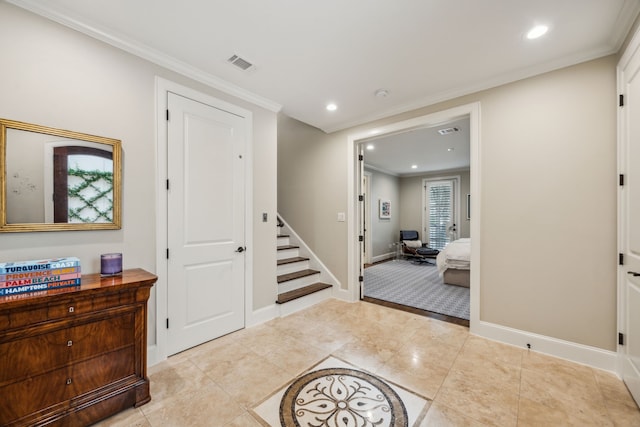 3202 Mid Ln, Houston, TX 77027 - entrance foyer featuring stairs, recessed lighting, light tile patterned flooring, crown molding, and baseboards