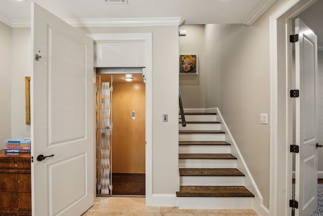 3202 Mid Ln, Houston, TX 77027 - staircase featuring elevator, baseboards, crown molding, and tile patterned floors
