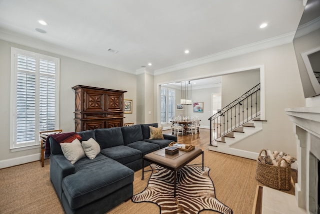 3202 Mid Ln, Houston, TX 77027 - living room featuring a high end fireplace, healthy amount of natural light, baseboards, recessed lighting, and stairs