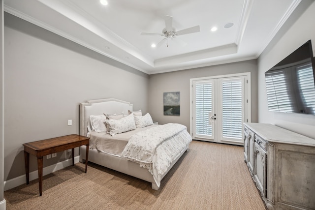 3202 Mid Ln, Houston, TX 77027 - bedroom with access to outside, a tray ceiling, recessed lighting, ornamental molding, and a ceiling fan