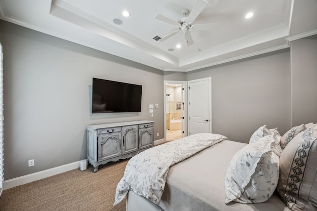 3202 Mid Ln, Houston, TX 77027 - bedroom with a tray ceiling, recessed lighting, crown molding, baseboards, and light carpet