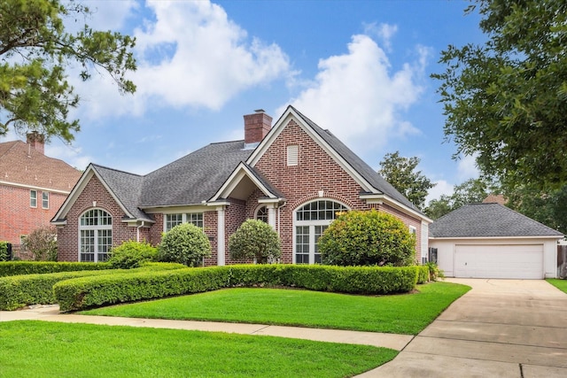 24810 Lakebriar Dr, Katy, TX 77494 - view of front facade featuring brick siding, a garage, a front yard, a chimney, and driveway