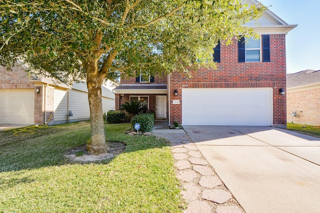 3434 Zephyr Glen Way, Houston, TX 77084 - view of front of house with brick siding, an attached garage, concrete driveway, and a front lawn
