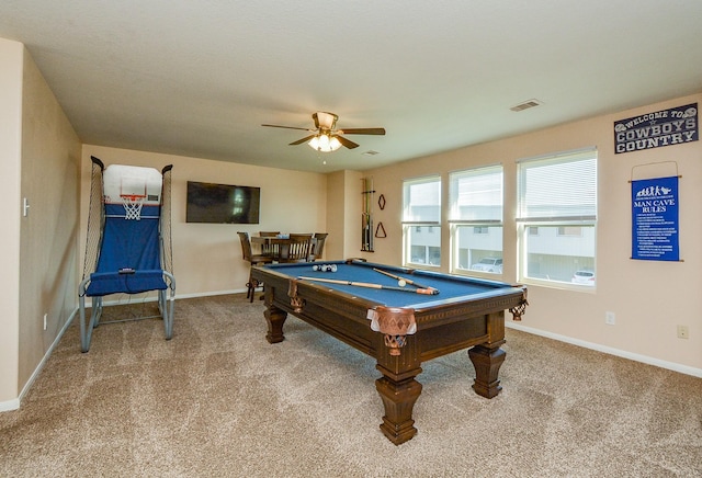 3434 Zephyr Glen Way, Houston, TX 77084 - playroom featuring carpet flooring, ceiling fan, pool table, and baseboards
