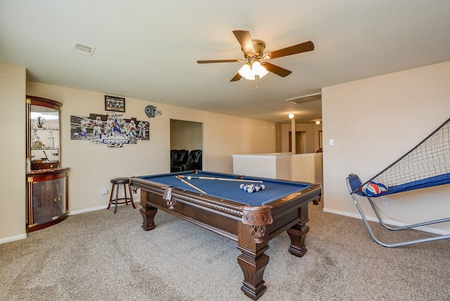 3434 Zephyr Glen Way, Houston, TX 77084 - rec room featuring carpet flooring, pool table, a ceiling fan, and baseboards