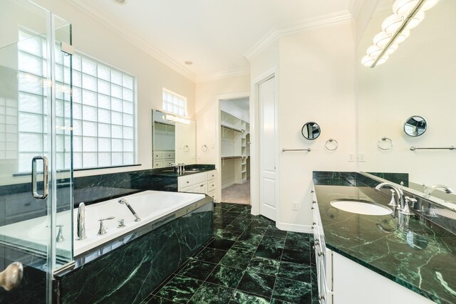 1 Heritage Oak Ct, Lake Jackson, TX 77566 - full bath with crown molding, marble look tile flooring, vanity, a bath, and a stall shower