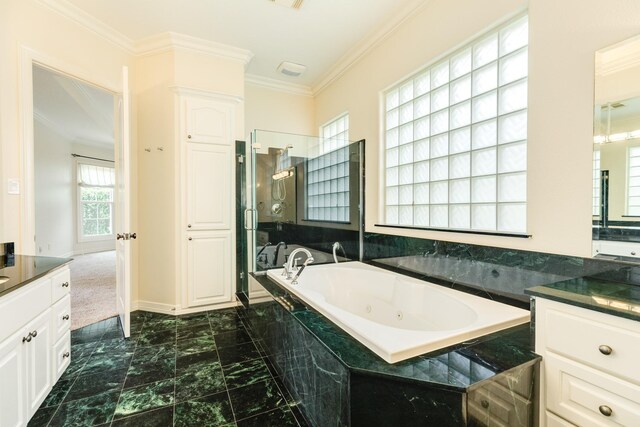 1 Heritage Oak Ct, Lake Jackson, TX 77566 - bathroom featuring vanity, crown molding, a whirlpool tub, marble finish flooring, and an enclosed shower