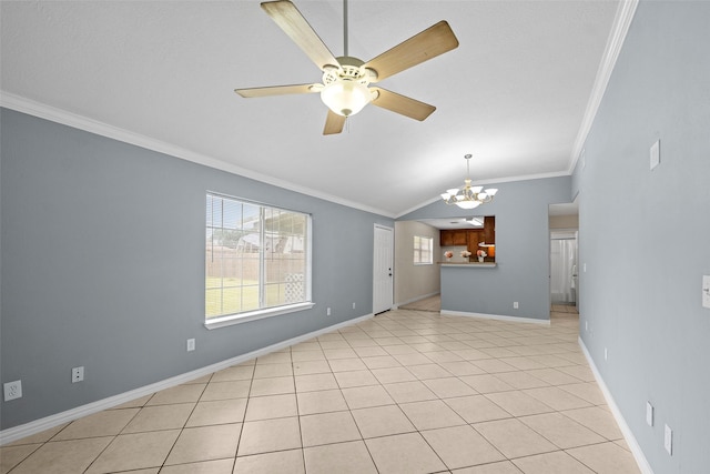 2401 Kingsdale Dr, Deer Park, TX 77536 - unfurnished living room with a chandelier, crown molding, lofted ceiling, a ceiling fan, and baseboards