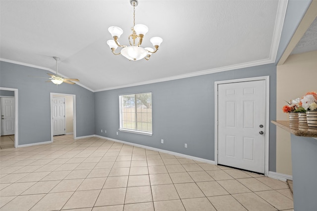 2401 Kingsdale Dr, Deer Park, TX 77536 - foyer featuring a chandelier, ornamental molding, a ceiling fan, vaulted ceiling, and light tile patterned flooring