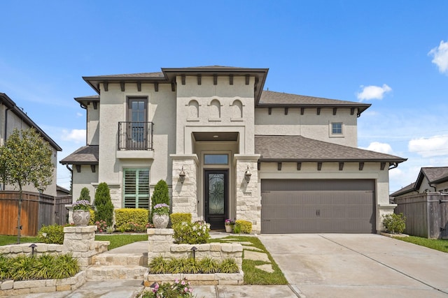 2038 Green Haven Ct, Missouri City, TX 77459 - view of front of home with stucco siding, a balcony, a garage, and concrete driveway