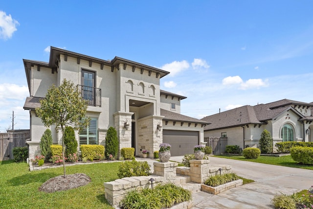 2038 Green Haven Ct, Missouri City, TX 77459 - view of front of house featuring concrete driveway, stucco siding, stone siding, a balcony, and an attached garage
