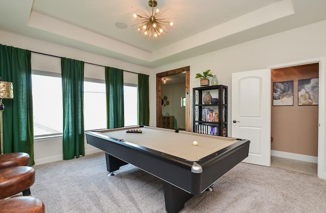 2038 Green Haven Ct, Missouri City, TX 77459 - rec room featuring baseboards, a tray ceiling, light carpet, billiards, and a chandelier