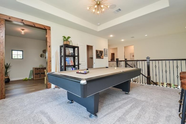 2038 Green Haven Ct, Missouri City, TX 77459 - rec room with billiards, carpet flooring, baseboards, recessed lighting, and a chandelier