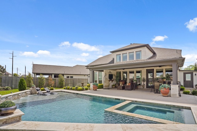 2038 Green Haven Ct, Missouri City, TX 77459 - view of pool featuring a patio, a fenced backyard, a pool with connected hot tub, and a ceiling fan