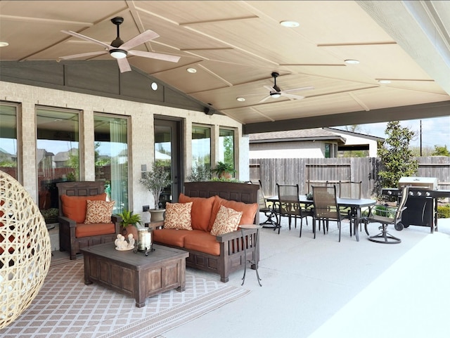 2038 Green Haven Ct, Missouri City, TX 77459 - view of patio / terrace featuring a ceiling fan, outdoor dining area, outdoor lounge area, and grilling area