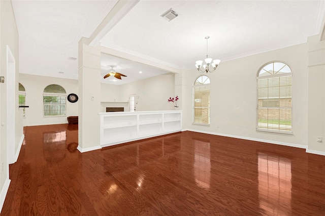 11108 Dawson Rd, Pearland, TX 77584 - unfurnished room featuring wood finished floors, a ceiling fan, a chandelier, baseboards, and crown molding