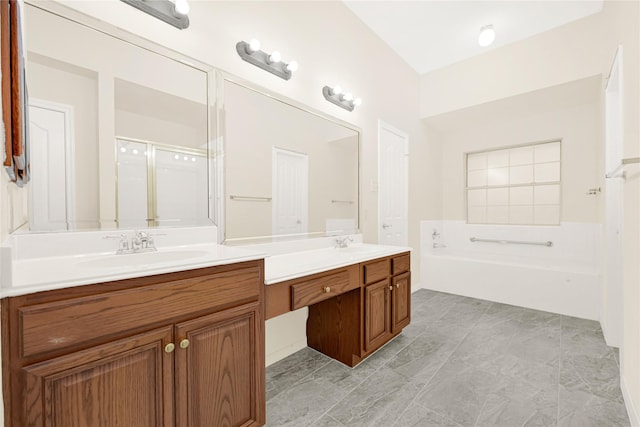 11108 Dawson Rd, Pearland, TX 77584 - bathroom with a shower, double vanity, and a tub to relax in