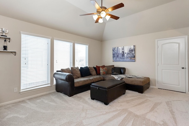 10518 Kicking Horse Pass, Cypress, TX 77433 - living room with ceiling fan, carpet, lofted ceiling, and baseboards