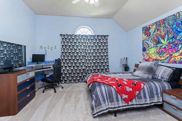 10518 Kicking Horse Pass, Cypress, TX 77433 - bedroom featuring carpet, a desk, lofted ceiling, and ceiling fan