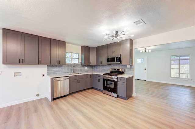 4914 Pershing St, Houston, TX 77033 - kitchen featuring appliances with stainless steel finishes, a sink, gray cabinetry, a chandelier, and light wood-style floors