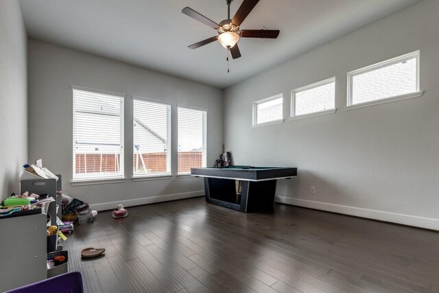 14303 Paseo Marbella Dr, Cypress, TX 77433 - game room featuring a ceiling fan, baseboards, and dark wood-style flooring