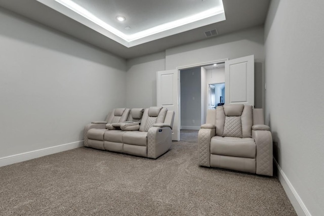 14303 Paseo Marbella Dr, Cypress, TX 77433 - carpeted home theater featuring baseboards and a tray ceiling