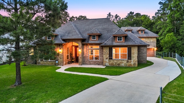 42 Brookefield Cir, Magnolia, TX 77355 - french country style house featuring stone siding, concrete driveway, and a shingled roof